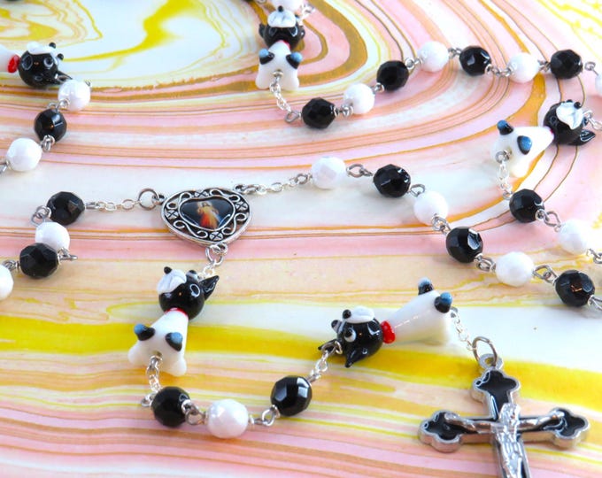 Dog Rosary - Lamp Glass Black & White Dog Beads - Czech White and Black Crystal Beads - Colorful Divine Mercy Center - Black Enamel Crucifix