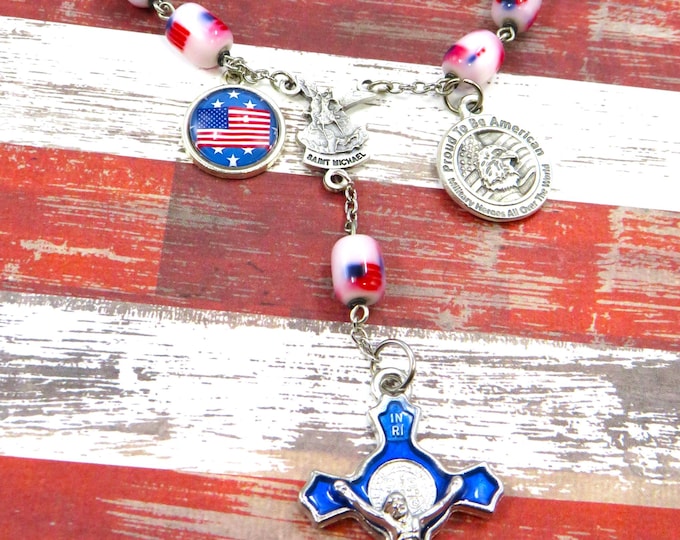 One Decade Proud To Be American Rosary - US Flag Glass Beads - USA Flag Charm - Italian St Michael Center - Blue Enamel St Benedict Crucifix