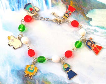 Nativity Christmas Charm Bracelet - Czech Red, Green and White Crystal Beads - Silver Plated with Enamel Nativity Charms