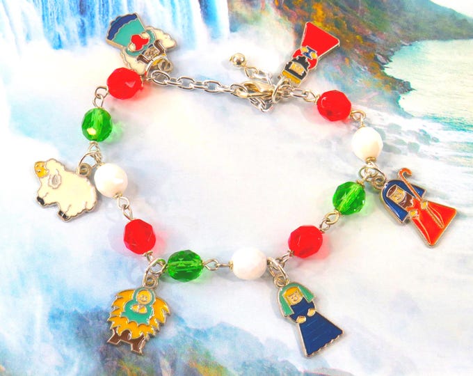 Nativity Christmas Charm Bracelet - Czech Red, Green and White Crystal Beads - Silver Plated with Enamel Nativity Charms