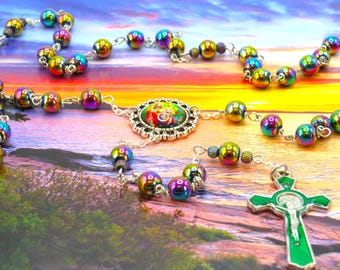 Rainbow Hematite Rosary - Semi Precious Metallic Rainbow Hematite 8mm Beads - Sacred Heart Mary/Jesus Center -Green Enamel Benedict Crucifix