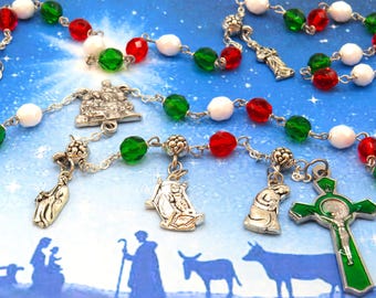 Nativity Christmas Rosary - Czech Red, Green and White Glass 8mm Beads - Silver Nativity Charms - Nativity Center - Green Enamel Crucifix