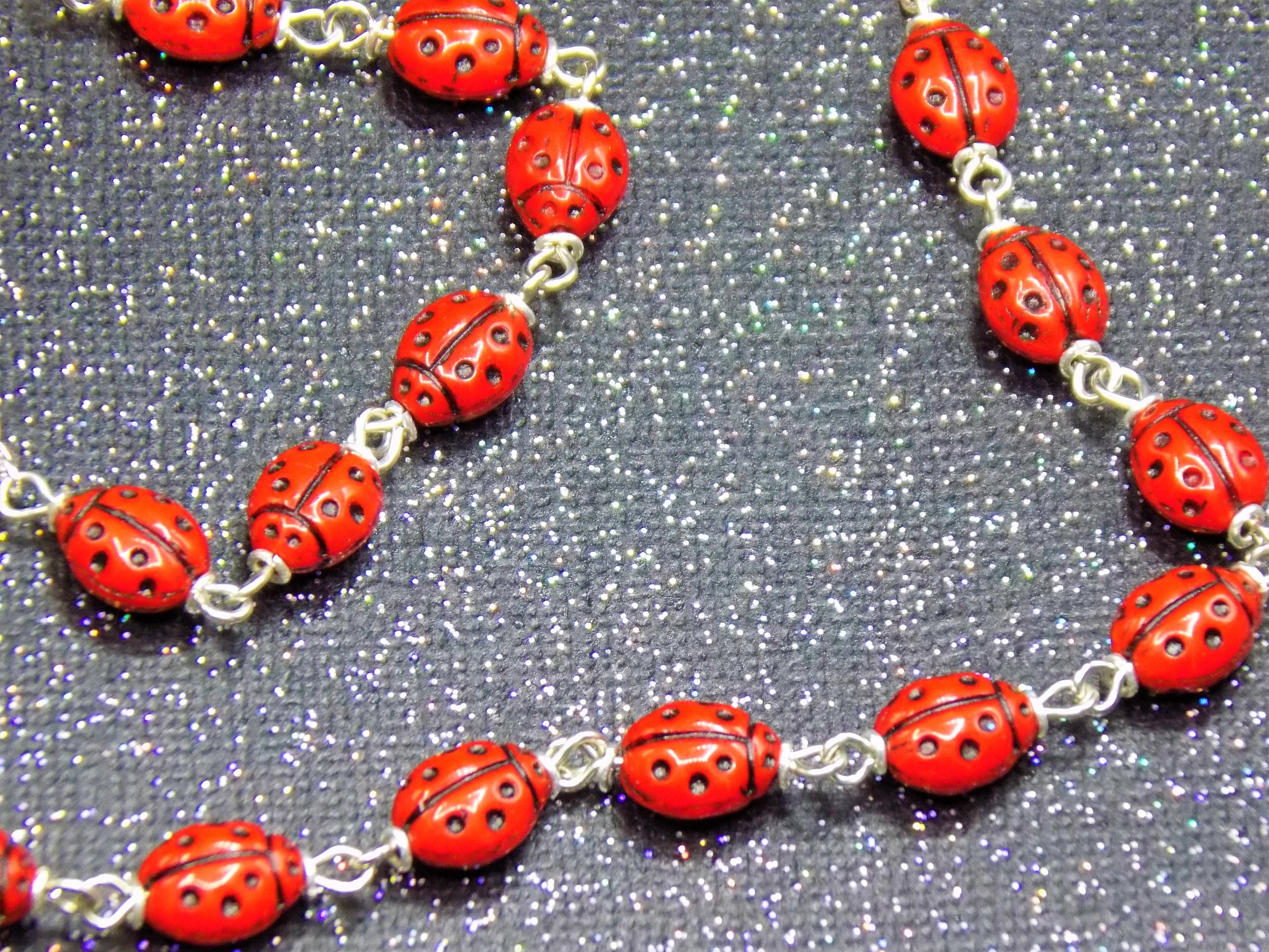 Ladybug Rosary Czech Opaque Red Ladybug Glass Beads Center Contains