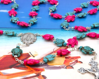 Blue & Pink Turtle Rosary-Blue and Pink Stone Turtle Beads-Metal Acct Beads-Italian Silver Fatima Center-Italian Silver Eucharistic Crucifix