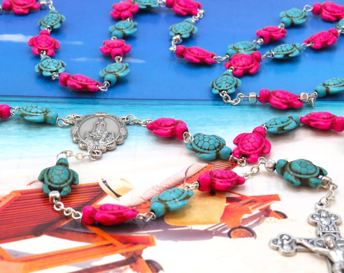 Blue & Pink Turtle Rosary-Blue and Pink Stone Turtle Beads-Metal Acct Beads-Italian Silver Fatima Center-Italian Silver Eucharistic Crucifix