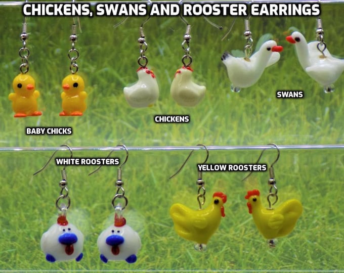 Baby Chicks, Chickens, Swans & Roosters 3D Earrings