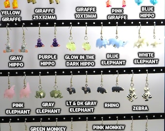 Fun Animal Earrings - Giraffes - Hippos - Elephants - Rhinos - Zebras - Monkeys and Gorillas - Hypo Allergenic Surgical Steel Ear Wires