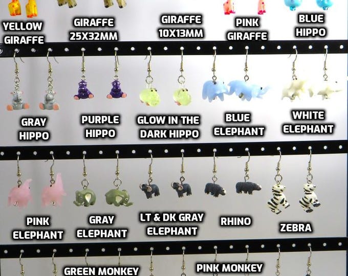 Fun Animal Earrings - Giraffes - Hippos - Elephants - Rhinos - Zebras - Monkeys and Gorillas - Hypo Allergenic Surgical Steel Ear Wires