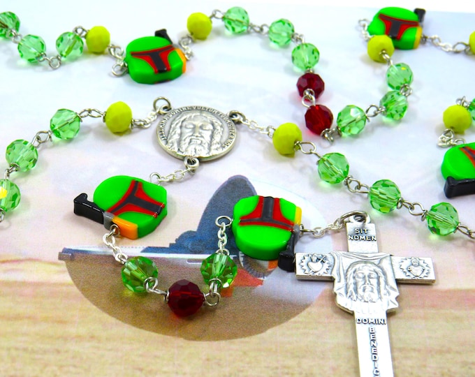 Star Wars Boba Rosary -Czech Green, Red and Yellow 8mm Crystal Beads -Star Wars Boba Father Beads -Italian Shroud of Turin Center & Crucifix