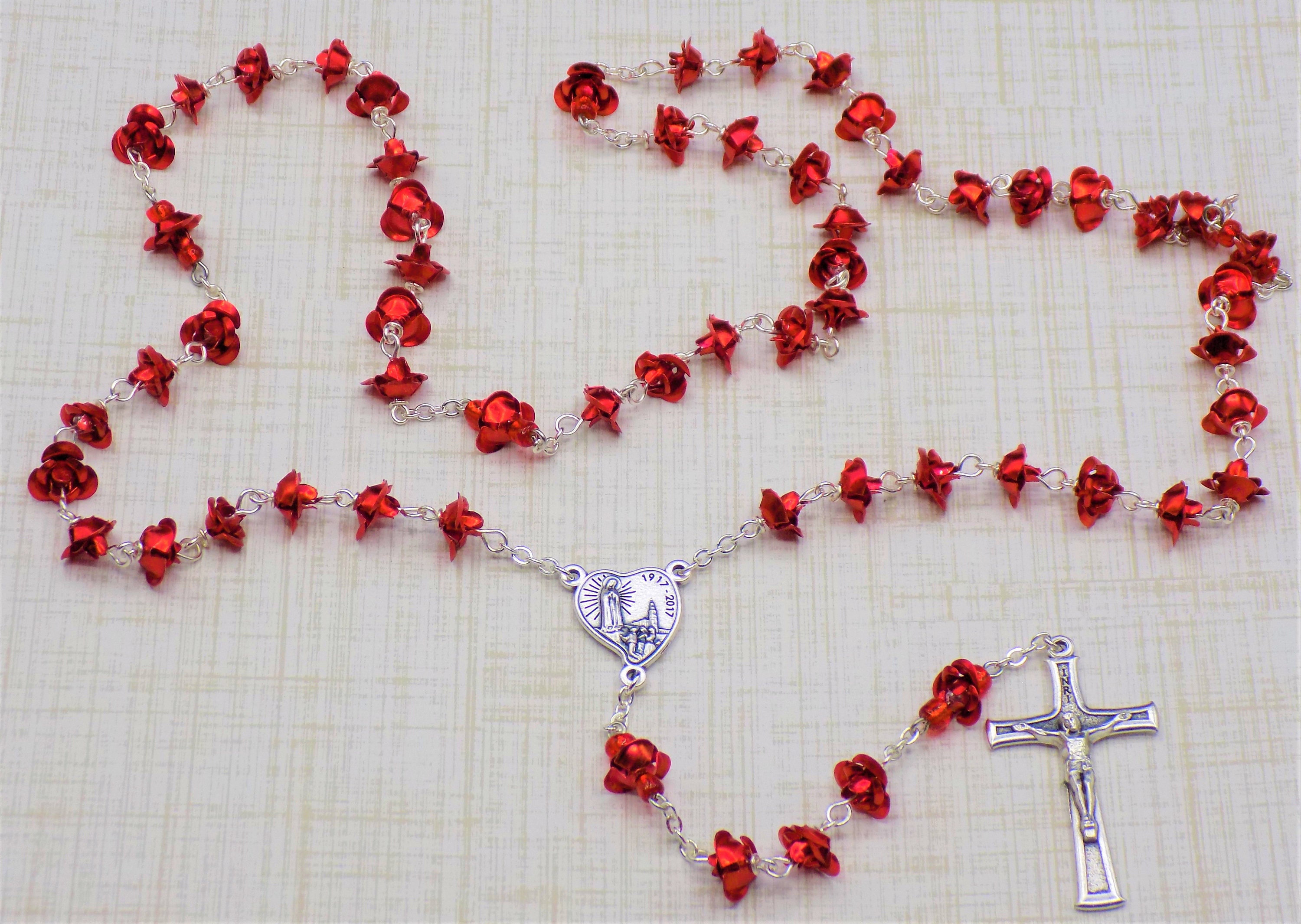Red Rose Flower Rosary Red Metal Rose Flower Beads Czech Glass