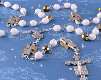 St Michael Rosary - Czech White & Gold 8mm Beads - Italian St Michael Center - Italian St Michael Father Beads - Italian Angels Crucifix