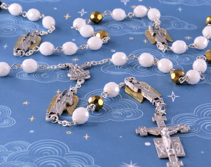 St Michael Rosary - Czech White & Gold 8mm Beads - Italian St Michael Center - Italian St Michael Father Beads - Italian Angels Crucifix