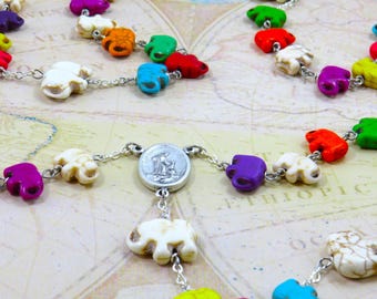 Multi Color Stone Elephant Rosary - Multi Color Stone Elephant Beads - Italian Saint Francis Center - Purple Enamel St Benedict Crucifix