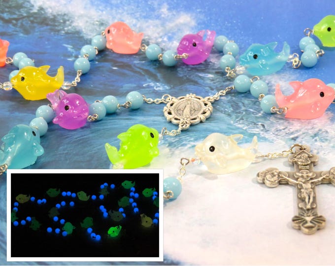 Dolphin Rosary "Glows in the Dark" - Multi Color Resin Dolphin Beads-Ocean Blue Glass Beads-Italian Mary Center-Italian Eucharistic Crucifix