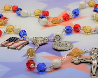 Knights of Columbus Rosary - Czech Gold, Blue, Red & White Beads - Knights of Columbus Logo Center - Proud American Charm - US Flag Charm