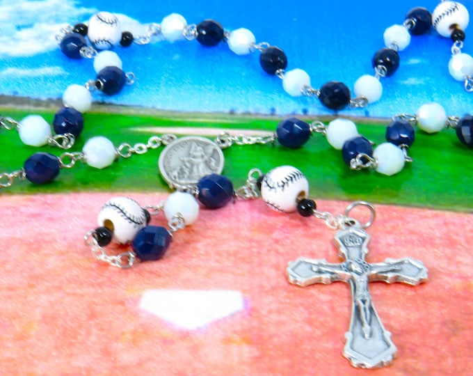 Baseball Rosary - Czech Navy Blue & White  Glass Beads - Peru Ceramic Baseballs - Italian St Michael Center - Italian Traditional Crucifix