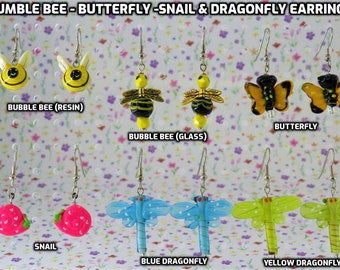 Bumble Bee (2) - Butterfly - and Snail 3D Earrings - Hypo Allergenic Surgical Steel Ear Wires