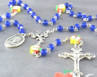 Teacher Rosary - Blue Candy Jade Gemstone Beads - Apple Beads -Fleur-de-Lis Fiat Center - Italian Crucifix-St John Baptist De La Salle Medal