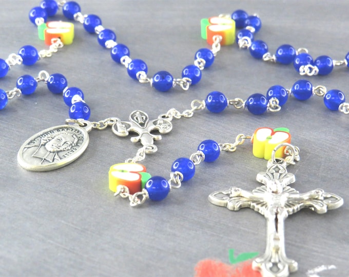 Teacher Rosary - Blue Candy Jade Gemstone Beads - Apple Beads -Fleur-de-Lis Fiat Center - Italian Crucifix-St John Baptist De La Salle Medal