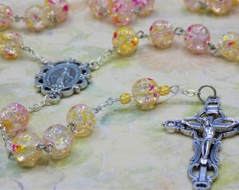 Clear, Yellow & Pink Cracked Crystal Rosary - Clear, Yellow and Pink Cracked Crystal Beads - Italian Mary Center - Italian Fancy Crucifix