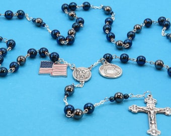 Police Officer Rosary - Blue & Black Hematite Gemstone Beads - Ital St Michael Center - Italian Eucharistic Crucifix - Flag and Police Charm