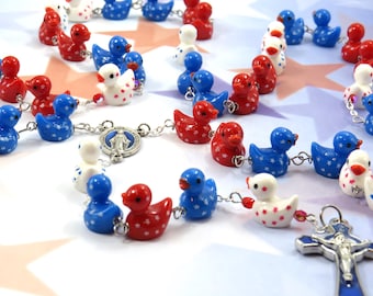 USA Patriotic Ducky Rosary - Red, White & Blue Duck Beads - Italian Blue Enamel Miraculous Medal Center - Blue Enamel St Benedict Crucifix