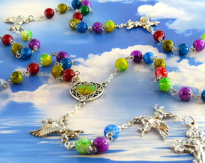 Flying Unicorn Rosary - Multi-Color Glass 8mm Beads - Rhodium Flying Unicorn Beads - Our Lady of Fatima Center - Italian Filigree Crucifix