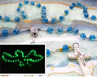 Sky Blue Glass "Glow in the Dark" Rosary -Firefly Sky Blue Glow in The Dark Glass Beads -Our Lady of Lourdes Water Center -Luminous Crucifix