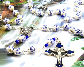 White & Blue Flower Rosary - White and Blue Flower Ceramic Beads - Metal Flower Caps - Italian Rose and Mary Center -Italian Flower Crucifix