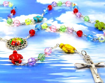 Colorful Turtle Rosary - Czech Multi Color 8mm Beads - Stone Turtle Father Beads -Sacred Heart Mary & Jesus Center -Crown of Thorns Crucifix