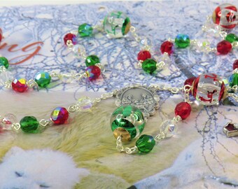Christmas Rosary - Czech Green, Red & Clear AB Glass Beads - Christmas Bead Father Beads - Italian Holy Family Center - Red Enamel Crucifix