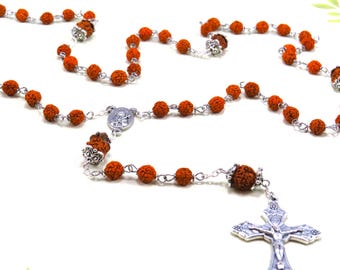 Rudraksha Rosary - Natural Rudraksha Beads - Italian Mater Dolorosa with Earth From Jerusalem Center - Italian Silver Grapes-Vine Crucifix