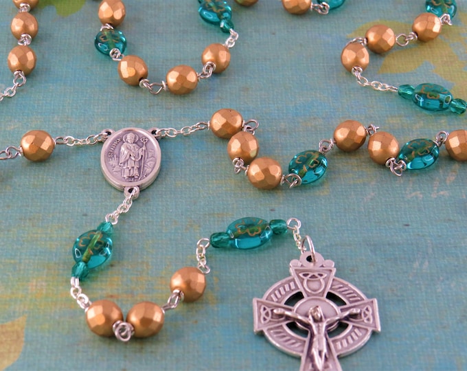 St Patrick Irish Rosary - Czech Gold Crystal Beads - Czech Teal Shamrock Glass Beads -St Patrick & St Bridget Center-Italian Celtic Crucifix