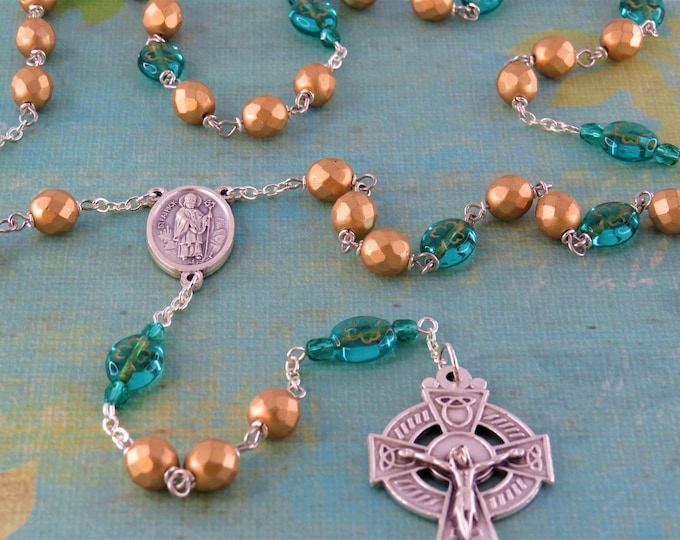 Shamrock Irish Rosary - Czech Gold Crystal Beads - Czech Teal Shamrock Glass Beads - St Patrick & St Bridget Center -Italian Celtic Crucifix