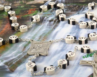 Panda Bear Rosary - Panda Bear Beads - Czech White Crystal Father Accent Beads - Italian Mary and Child Center - Italian Sculptor Crucifix