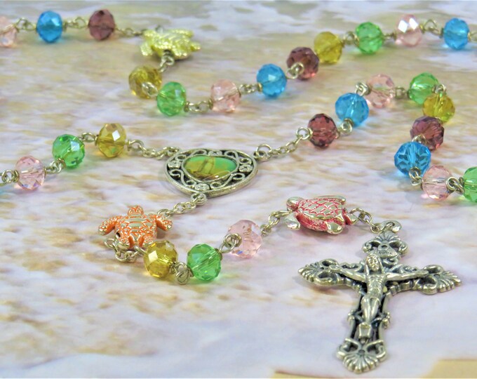 Turtle Rosary - Fancy Cut Crystal Multi Color Beads - Color Metal Turtle Father Beads - Our Lady of Fatima Center -Italian Filigree Crucifix
