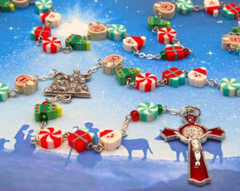Christmas Rosary - Tree, Reindeer, Santa, Candy & Gift Clay Beads - Italian Holy Family Nativity Center - Red Enamel St Benedict Crucifix