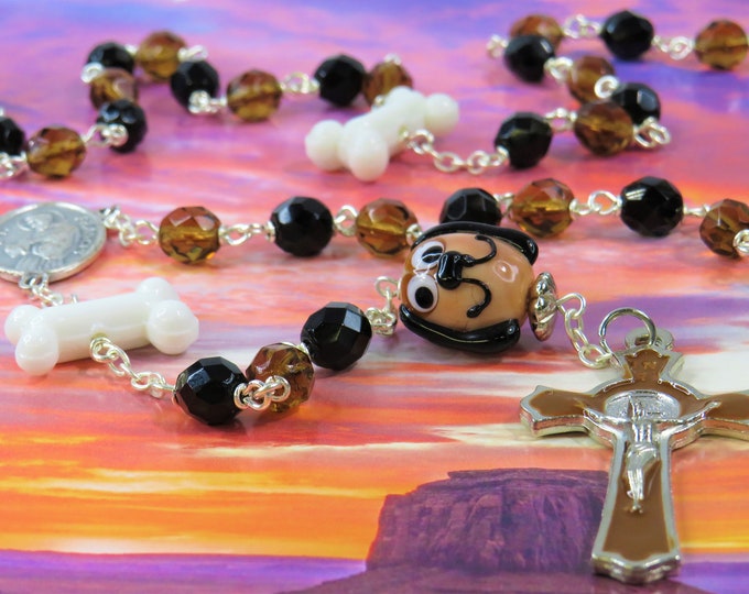 Dog and Bone Rosary - Lamp Glass Dog & Bone Father Beads - Czech Dark Topaz and Black Crystal Beads -St Francis Center -St Benedict Crucifix