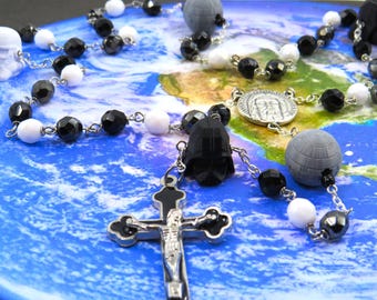 Star Wars Rosary -Czech White, Black and Gray Crystal Beads -Storm Trooper, Darth Vader & Death Star Beads -Holy Face Center -Black Crucifix