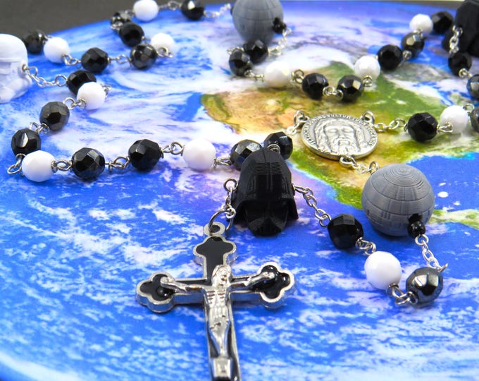 Star Wars Rosary -Czech White, Black and Gray Crystal Beads -Storm Trooper, Darth Vader & Death Star Beads -Holy Face Center -Black Crucifix