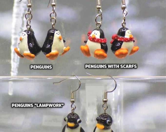 Penguin 3D Earrings - Penguin Resin - Penguin with Scraf - Penguin Glass - 3 Different Styles to Choose From