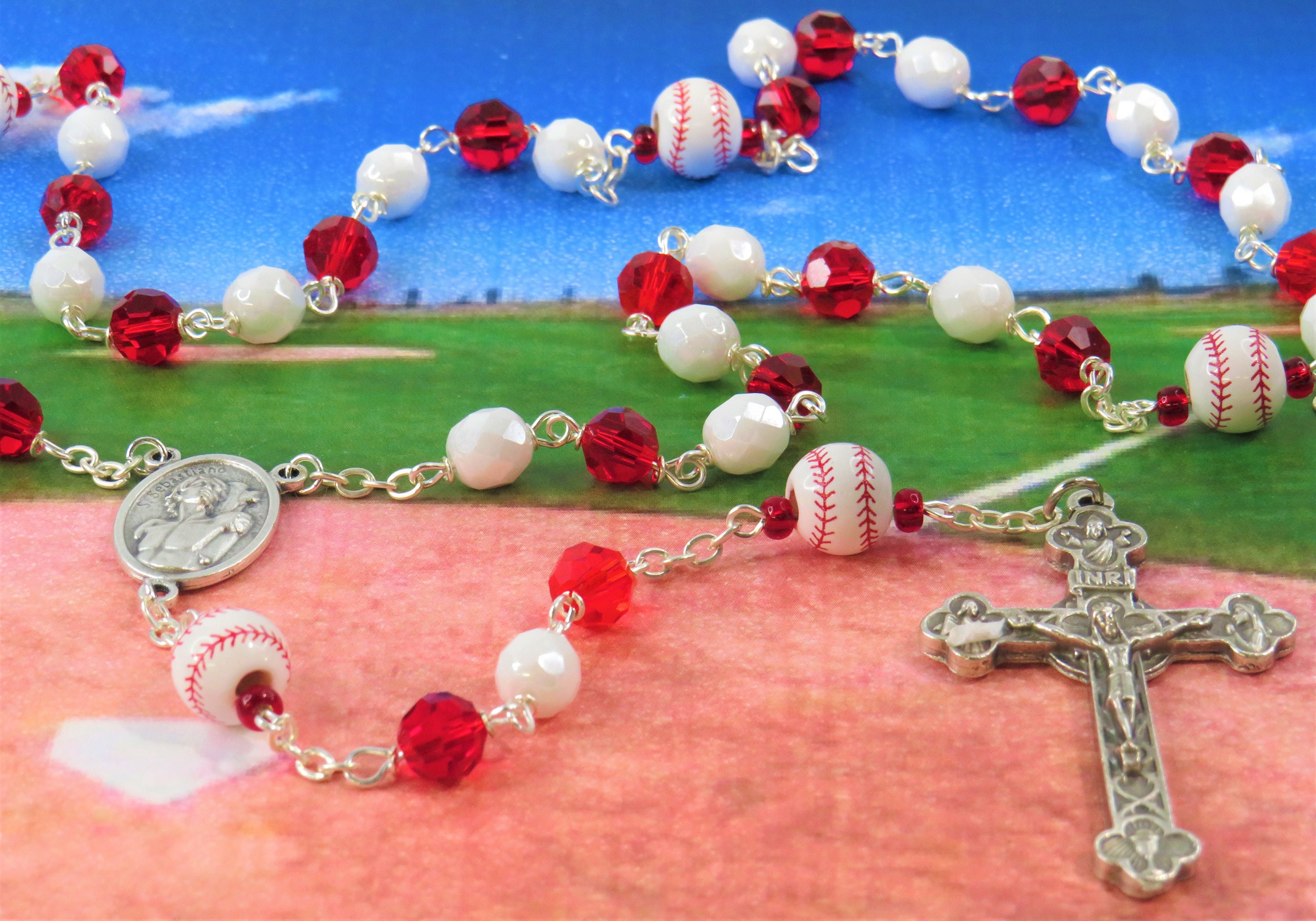 Red and White Baseball Rosary - Czech Red and White Glass Beads - Ceramic  Baseballs - Saint Sebastian Center - Italian Eucharistic Crucifix