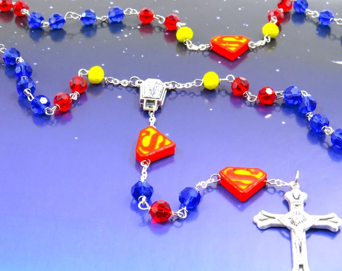 Superman Rosary -Czech Blue, Red and Yellow 8mm Crystal Beads -Superman Father Beads -Our Lady of Lourdes Center -Italian Starburst Crucifix