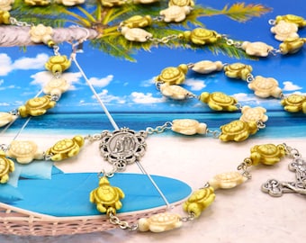Yellow & White Stone Turtle Rosary - Yellow and White Stone Turtle Beads -Italian Silver Lourdes Center -Italian Silver Eucharistic Crucifix