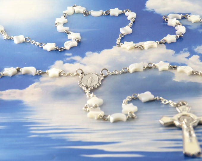 Celestial Mother of Pearl Rosary - Mother of Pearl Star, Moon & Cloud Shaped Beads - Miraculous Mary Center - White St Benedict Crucifix