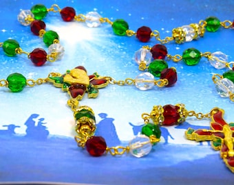 Christmas Poinsettia Rosary - Red, Green and Clear Crystal Beads - Austrian Rhinestone Father Beads - Christmas Poinsettia Center & Crucifix