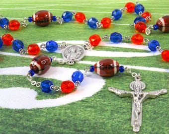 Orange and Blue Football Rosary - Czech Orange & Blue Crystal Beads - Ceramic Footballs - Italian St Sebastian Center -Holy Trinity Crucifix