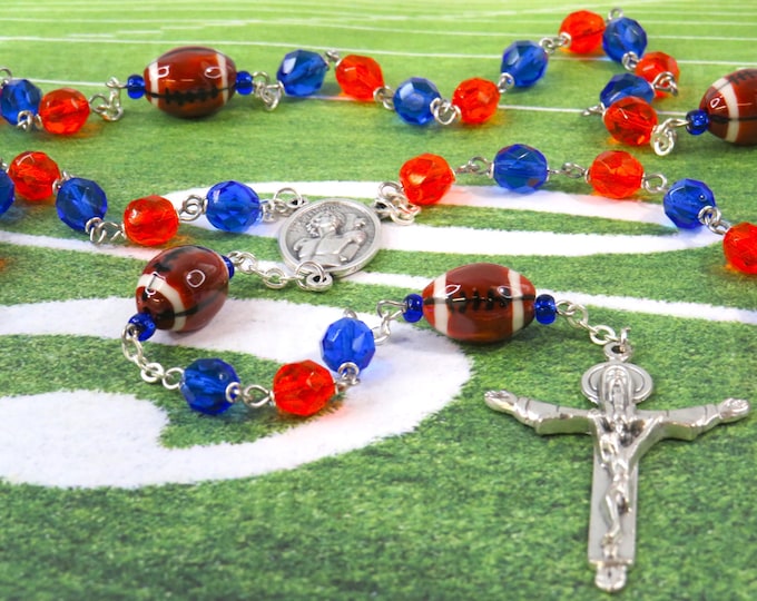 Orange and Blue Football Rosary - Czech Orange & Blue Crystal Beads - Ceramic Footballs - Italian St Sebastian Center -Holy Trinity Crucifix