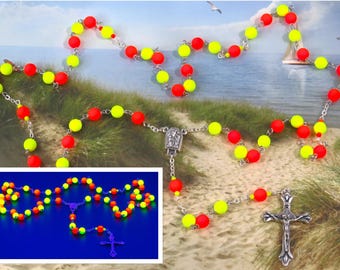 UV Reactive Fluorescent Yellow and Orange Neon Rosary - Czech Yellow & Orange Neon Glass Beads -Lourdes Water Center- Italian Flare Crucifix