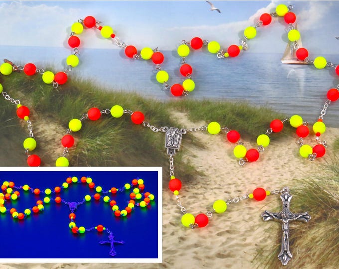 UV Reactive Fluorescent Yellow and Orange Neon Rosary - Czech Yellow & Orange Neon Glass Beads -Lourdes Water Center- Italian Flare Crucifix